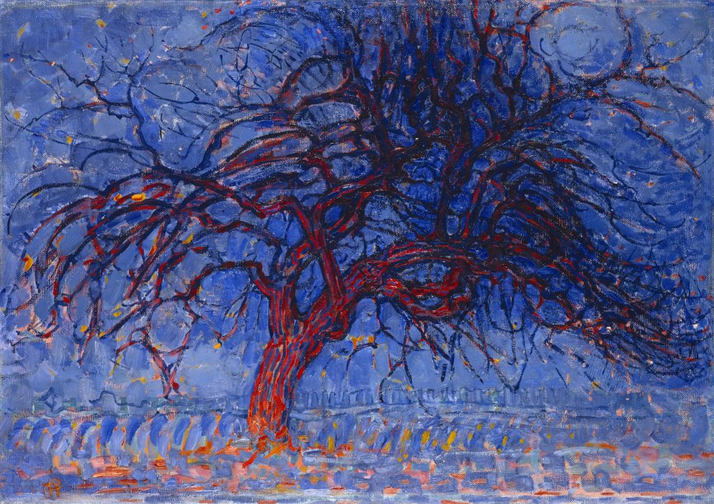 Painting of a tree. The artist has deliberately used a limited colour palette. The style is somewhat reminiscent of Van Gogh.